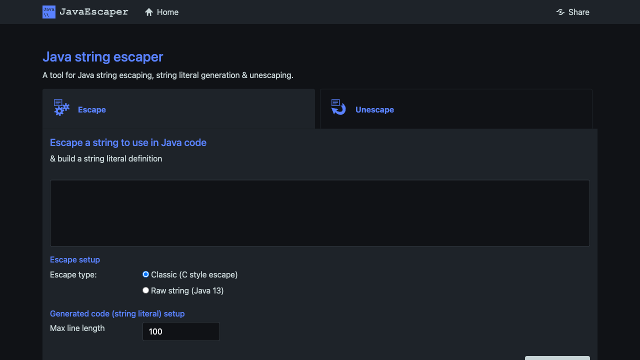 Screenshot of JavaEscaper, www.javaescaper.com