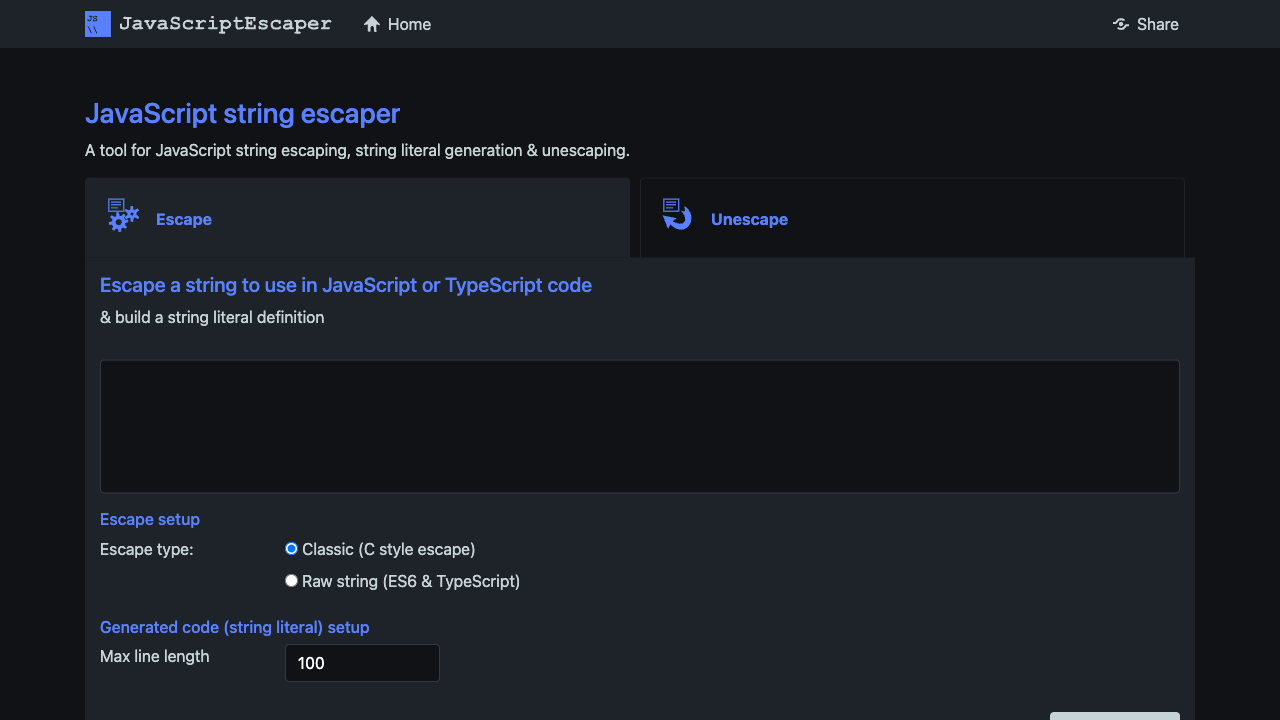 Screenshot of JavaScriptEscaper, www.javascriptescaper.com